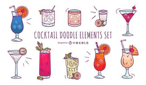 Cocktail Doodle, Cocktail Drawing, Cocktails Drawing, Drink Graphic, Doodle Elements, Cocktail Illustration, Vector Character Design, Mo Design, Doodle Style