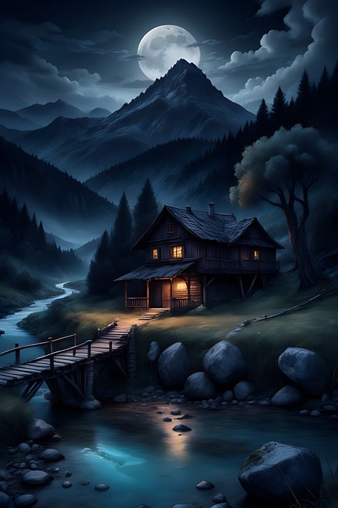 #houseinmountains #magicnight #moonlitnight #BobiloArt Eraser Art, Beautiful Paintings Of Nature, Mountain Villa, Amoled Wallpapers, Under The Moonlight, Gothic Wallpaper, View Wallpaper, Whatsapp Wallpaper, River Bank