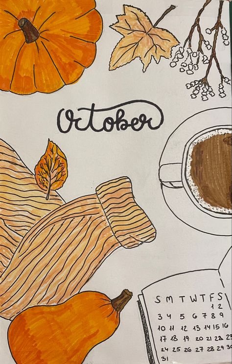 October Aesthetic Drawing, Autumn Easy Drawings, October Calendar Aesthetic, October Planner Ideas, October Drawing Ideas, Bujo October Theme, October Journal Cover, Hello October Wallpapers, October Calendar 2024