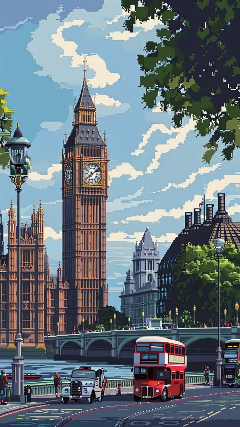 Pixelart style London - 4 wallpapers from Urban section Phone Wallpaper London, London Phone Wallpaper, Laptop Cover Aesthetic, London Wallpaper Iphone, London City Wallpaper, Call Background Wallpaper, City Landscape Illustration, London Animated Wallpaper, Urban Section