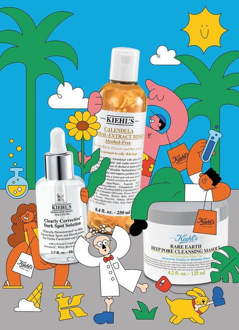 Dan Woodger brings the sunshine for Kiehl's China 618 campaign ☀️ for the annual summer shopping event Dan Woodger was tasked with creating vibrant characters that embody the fun spirit of the brand in his signature retro illustration style 🙌🏼⁠ ⁠ #illustration #illustrator #illustrate #2d #design #characterdesign #kiehls #skincare #product #cartoon #kiehlschina #campaign #campaignillustration #character #art #artist #illustrationartist #creativeagency Beauty Brand Campaign, Fun Skincare Branding, Skin Care Illustration, Skincare Illustration, Products Illustration, Kiehls Skincare, Animation Production, Design Campaign, Skin Aesthetics