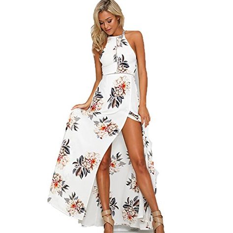 MQ Boutique UK Womens Holiday Sleeveless Ladies Maxi Long Summer Print Beach Dress Size 6-14 (XL White) Rok Outfit, Stil Boho, Split Maxi Dress, Beach Maxi Dress, Floral Print Maxi Dress, Chiffon Maxi, Chiffon Maxi Dress, Printed Maxi Dress, Primavera Estate