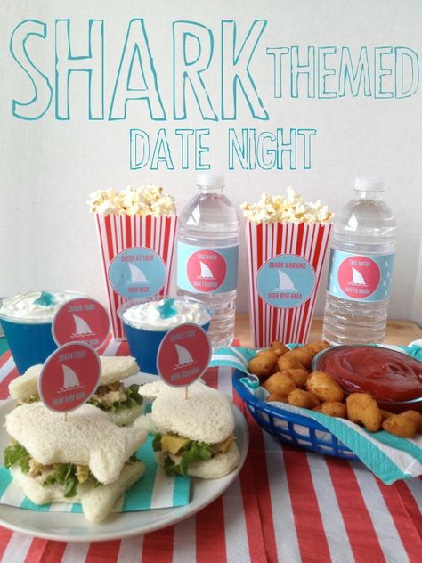 Shark themed date night! A date your guy will love as much as you will. Eat shark themed food, decorate victim sugar cookies and watch Shark Week or JAWS! Shark Themed Food, Sharknado Party, Themed Date Night, Jaws Party, Shark Week Party, Shark Themed Birthday Party, Themed Food, Shark Birthday Party, Valentine's Day Party