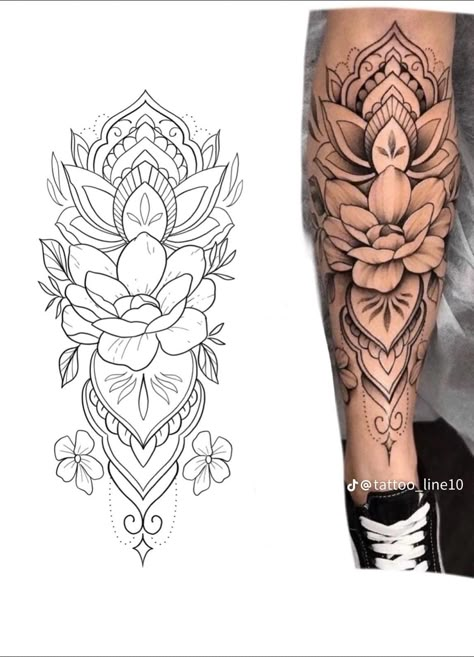 Lotus And Mandala Tattoo Design, Lotus Flower And Mandala Tattoo, Lotus Tattoo On Leg, Mandala Leg Tattoo For Women, Calf Tattoo Stencil, Leg Sleeve Stencil, Back Of Leg Tattoos Women Calves, Leg Mandala Tattoo, Mandala Shin Tattoo