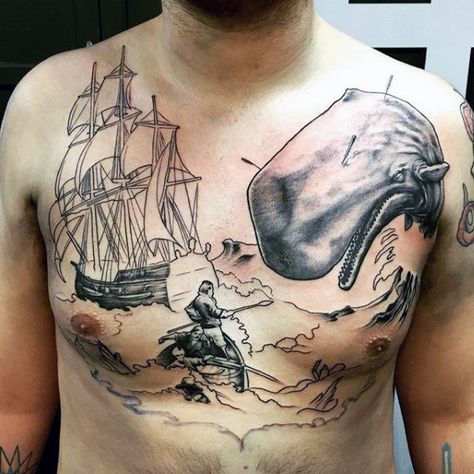 Whale With Harpoons Mens Nautical Full Chest Tattoos Nautical Back Tattoo, Harpoon Tattoo, Nautical Tattoo Ideas, Lion Chest Tattoo, Rose Chest Tattoo, Eagle Chest Tattoo, Full Chest Tattoos, Whale Tattoo, Whale Tattoos