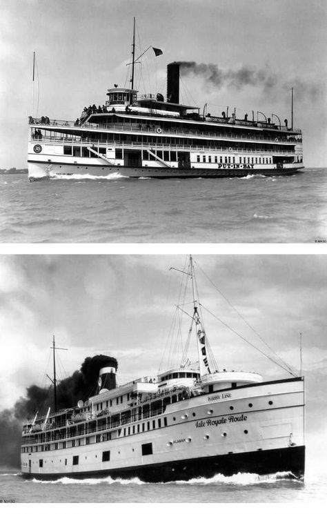 BOAT EXCURSIONS: Cruise ships sailed Lake Erie and the other Great Lakes attracting prominent passengers authors Mark Twain, Charles Dickens and Ernest Hemingway. The middle class patrons planned for short, one-day trips and long excursions on the Lakes and rivers. Large, local groups may take a Sunday day out. The excursion ship (top) Put-in-Bay, launched about 1911, cruised the Detroit River in the early 1900s. Another well-received Great Lakes passenger ship was the Alabama (bottom). Cruise Ship Party, Put In Bay, Great Lakes Ships, Cruise Boat, Ferry Boat, Lake Boat, One Day Trip, River Boat, Cruise Ships