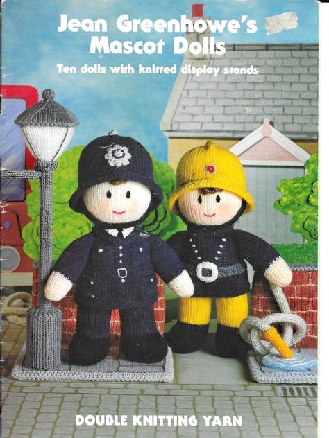 Jean Greenhowe's Mascot Dolls | PDF Curtain Sewing Pattern, Jean Greenhowe, Knitted Doll Patterns, Burda Sewing Patterns, Costume Sewing Patterns, Display Stands, Policeman, Knitted Dolls, Knitted Toys