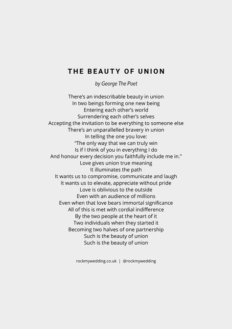 The Beauty of Union by George The Poet wedding poem idea for your wedding ceremony | wedding readings | wedding reading | w Modern Wedding Readings, Poems To Read At Weddings, Wedding Readings Funny, Love Poems For Wedding Ceremony Reading, Maybe Poem Wedding, Poem Wedding Reading, Wedding Poems Reading, Harry And Megan Markle, Meghan Markle Wedding