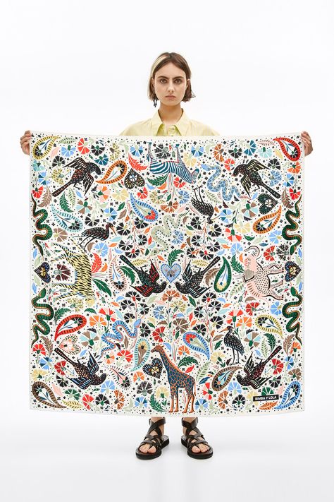 Bimba Y Lola Scarf, Spring Bandana Print Silk Scarf, Artistic Floral Print Summer Scarves, Print Scarf Design, Luxury Printed Silk Scarf, Silk Scarf Design, Scarf Art, Printed Scarf, Geometric Inspiration