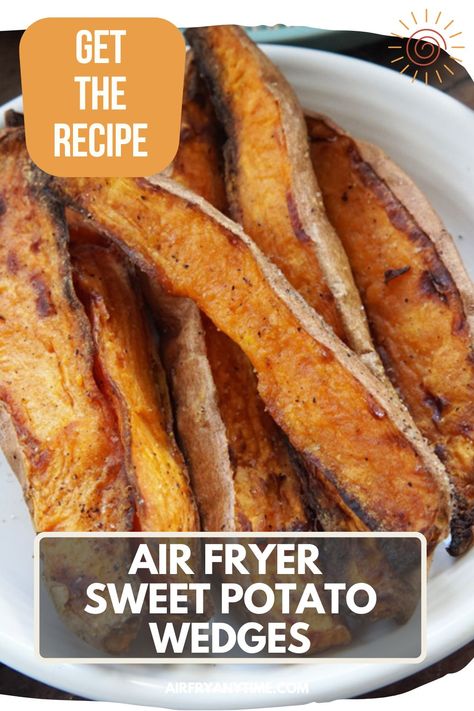 Air Fryer Sweet Potato Wedges Sweet Potato Wedges Air Fryer, Potato Wedges Air Fryer, Potato Wedges Crispy, Air Fryer Sweet Potato Wedges, Hasselback Potatoes, Sweet Potato Wedges, Game Snacks, Sweet Potato Chips, Easy Air Fryer