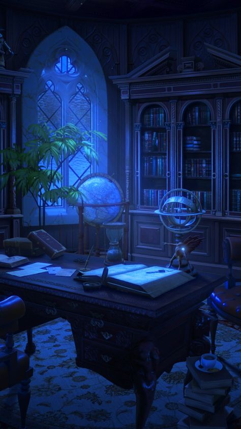 Dark Blue Study, Blue Study Aesthetic, Dark Blue Rooms, Royal Room, Emotional Painting, Scenery Background, Background Drawing, Visual Aesthetics, Celestial Art