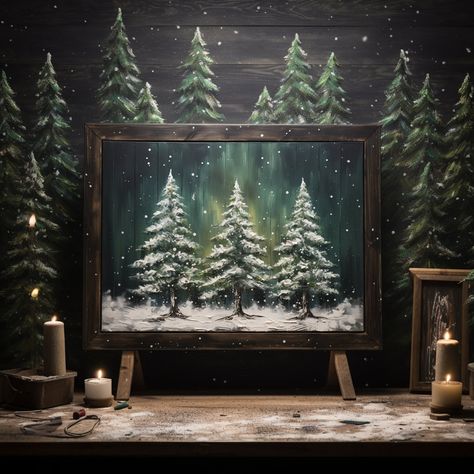 Christmas Winter Paintings On Canvas, Large Christmas Painting, Winter Tree Art, Christmas Digital Art, Style Vert, Winter Wall Art, Winter Painting, Paint And Sip, Window Art