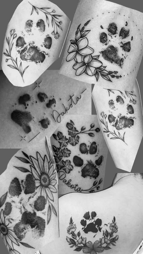 Dog Paw Tattoos, Paw Tattoos, Dallas Tattoo, Botanical Tattoos, Pet Memorial Tattoo, Memorial Tattoo Designs, Maching Tattoos, Sunflower Tattoo Sleeve, Line Tattoo Ideas