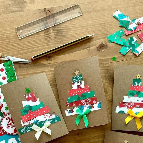 Charlotte on Instagram: "Christmas Collage Cards This week the boys have had a go at making their own Christmas cards. This is a really simple idea. We used strips of collage paper in different lengths to build Christmas trees. You could use any card, or draw your own designs. Then the boys added a glued star and a bow. You could draw a bow or a trunk though. Happy Friday! 🎄🎄🎄🎄🎄🎄🎄🎄🎄🎄🎄🎄🎄🎄🎄🎄 . #invitationtoplay #invitationtocreate #invitationtolearn #finemotorskills #scissorskills #easycraftsforkids #simplecraftsforkids #recyclemeplay #averycardboardchristmas #christmascrafts #letsshareourplay #messyplayanyway #playtolearnwithkaty #papercrafts" Collage Christmas Tree, Christams Diy, Draw A Bow, Tree Collage, Collage Cards, Christmas Collage, Scissor Skills, Invitation To Play, Instagram Christmas