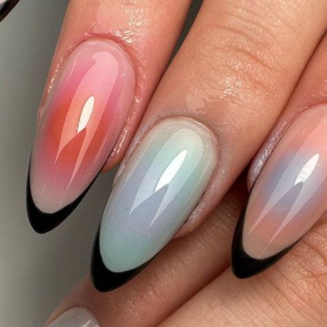 LOLA ❦ NAIL ARTIST on Instagram: "Aura X dark line 🌑 on @agathetrh at @lesalonlilicreuk 

Using @apresnailofficial @thegelbottlefrance @the_gelbottle_inc 

Inspo @curedbyjae 🌸

#auranails #airbrushnails #airbrush #colornails #nailart #nailsart #nailartist #nails2inspire #nailsofinstagram #nailsnailsnails" Colorful Airbrush Nails, Air Spray Nails, Air Brush Nails, Airbrush Nail Art, Chrome Nails Designs, Airbrush Nails, French Nail Designs, Prom Nails, Dream Nails