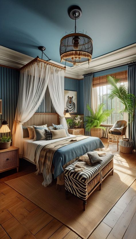 Blue & tan safari bedroom concept with zebra stripe accents Safari Style Bedroom, Safari Lodge Bedroom, African Beach House, Lodge Bedroom Decor, Twin Beds Guest Room, African Beach, Safari Bedroom, Bedroom Concept, Lodge Bedroom