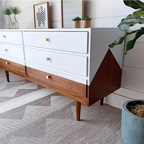 Bedroom With Painted Nightstands, 70s Inspired Painted Furniture, Bulky Desk Makeover, Refurbished 3 Drawer Dresser, Vintage Bedroom Furniture Makeover, White And Brown Bedroom Furniture, Painted Mcm Dresser Ideas, End Table Furniture Flip, Redone Dressers Before And After