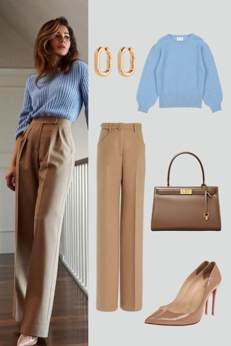 Brown Trouser Work Outfit, Beige Ankle Pants Outfit, Cozy Wide Leg Pants Outfit, Brown Work Outfits Women, Sky Blue And Brown Outfit, Beige Trousers Outfit Work, Beige Trousers Winter Outfit, Work Outfits Women Formal, Sky Blue Trouser Outfit Women