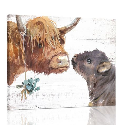 PRICES MAY VARY. Highland Cow Wall Art: Love themed cow wall decor features serene mother and child cow duo in HD prints on premium waterproof canvas. Resistant to fading, this farm cow poster is perfect for any farmhouse-style interior. Add Depth and Dimension to Your Walls: Size 1pic/15w x 12H inches (37cmx30cm) Hand assembled, stretched on soild wood frame makes a durable highland cow wall art. Gallery-wrapped, with free wall-mounting hardware ready to hang. Our highland cow picture wall deco Highland Cow Pictures, Cow Wall Decor, Poster For Bathroom, Highland Cow Canvas, Nursery Pictures, Cow Wall Art, Cow Pictures, Retro Kunst, Cow Canvas