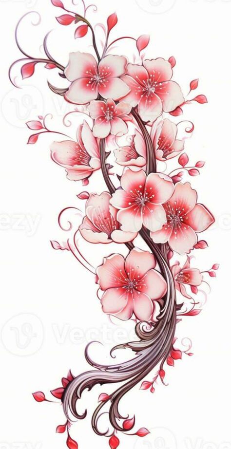 Koi Sakura Tattoo, Japanese Cherry Blossom Tattoo Stencil, Tattoo Blossom Cherry, Sakura Flowers Tattoo, Japanese Cherry Blossom Tattoo Design, Japanese Sakura Tattoo, Cherry Blossom Tattoo Stencil, Plum Blossom Tattoo, Japenses Tatoos Design