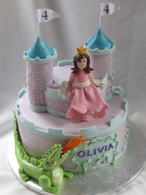 Princess & dragon cake Princess Birthday Cakes, Disney Princess Birthday Cakes, Castle Birthday Cakes, Castle Cakes, Princess Castle Cake, Disney Princess Castle, Disney Princess Cake, Princess Birthday Party Decorations, Princess Cakes