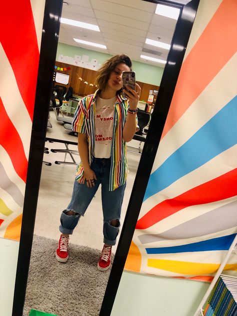 Rainbow Vans Outfit Ideas, Pride 2023 Outfits, Wlw Style, Lgbtq Outfit, Fits Dress, Outfits With Striped Shirts, Rainbow Vans, Bright Colored Outfits, Vans Outfit