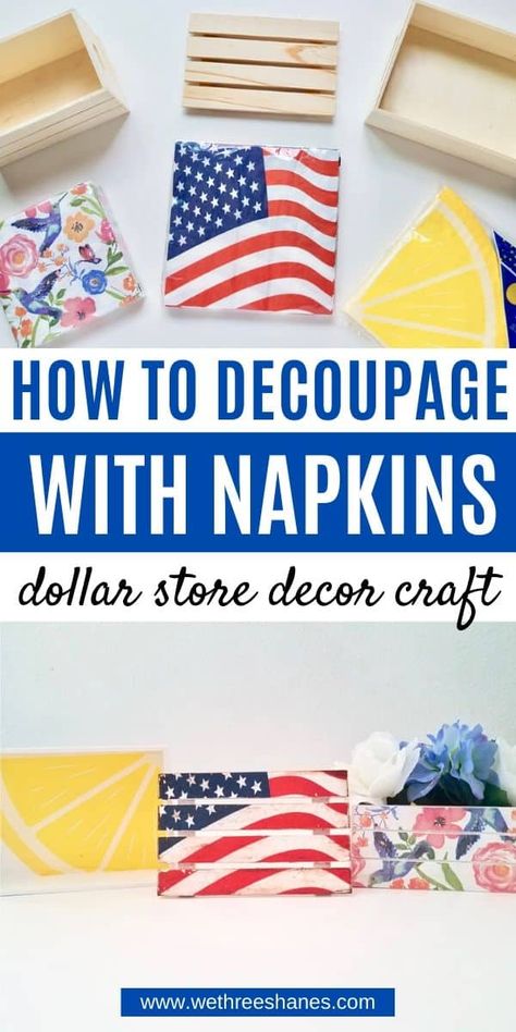 Decoupage With Napkins, Napkin Crafts, Deco Podge, Crate Crafts, Dt Crafts, Mod Podge Projects, Mini Crafts, Diy Mod Podge, Mini Crates