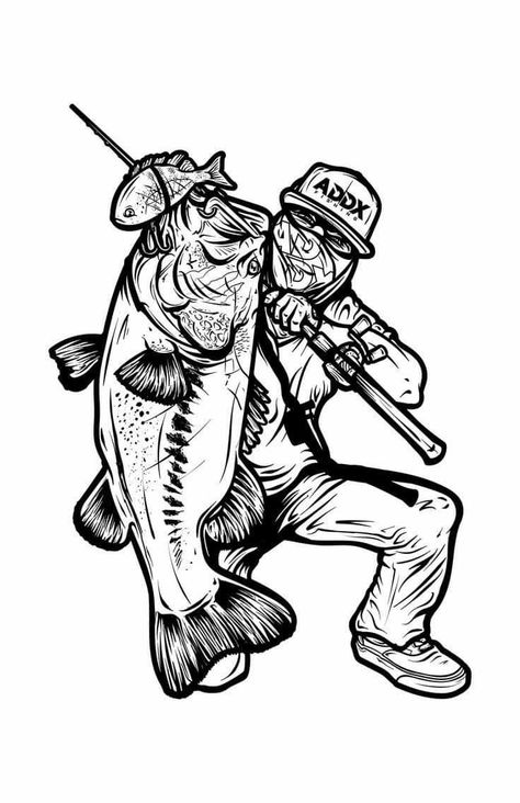 Fishing Art Drawing, Fishing Drawing Ideas, Fishing Drawings, Branded Illustration, Fish Design Logo, Tattoo Fishing, Fisherman Tattoo, Fishing Drawing, Bass Fishing Tattoo