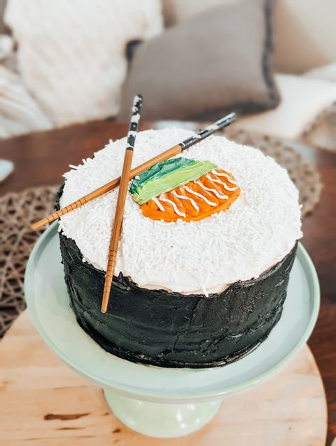 Sushi birthday cake made with buttercream frosting and sprinkles Sushi Birthday Decorations, Sushi Birthday, Sushi Bday Party, Japan Birthday Cake, Japanese Birthday Cake Ideas, Sushi Cake Design, Sushi Birthday Cake, Sushi Themed Cake, Sushi Cakes Ideas