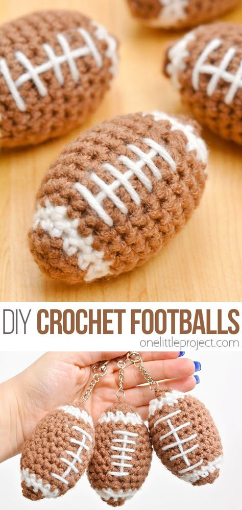 Crochet Football Helmet, Crochet Football Pattern, Crochet Football, Football Pattern, Large Crochet Hooks, Football Crafts, Quick Crochet Projects, Quick Crochet Patterns, Crochet Keychain Pattern