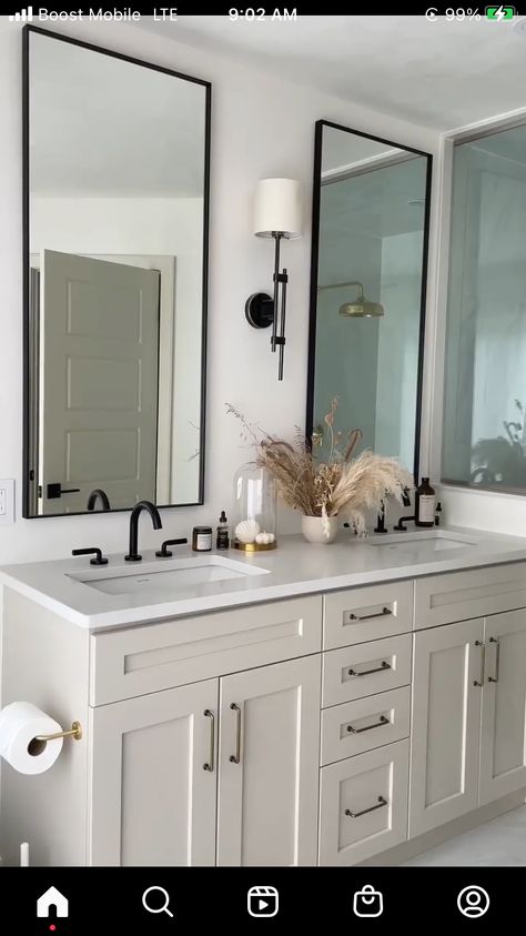 Master Bath Mirrors Double Sinks Rectangle, Master Bath Double Mirrors, Bathroom Vanity 60 Inch Double Sink, 60” Bathroom Vanity Double Sink, Mirror Over Double Sink Vanity, Double Sink Bathroom Vanity Mirror Ideas, Long Vanity With One Sink, Double Mirror Bathroom Vanity, Master Vanity Ideas Double Sinks