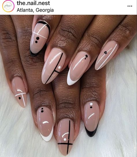 Almond shaped geometric design Heart Almond Nails Design, Almond Nail Art Designs Classy, Line Nail Designs Almond, Fun Summer Nails Acrylic Almond, Short Fall Almond Nails, Fall Nails Stilleto Shape, Simple Nail Ideas Almond Shape, Black And White Almond Nails, Cutesy Nails