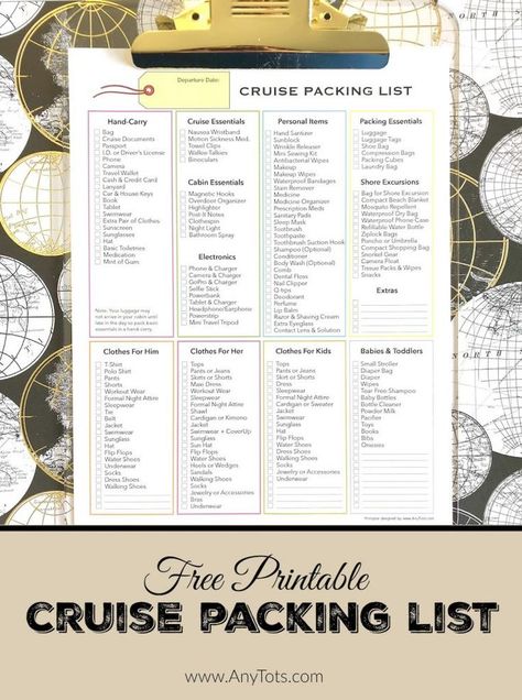 Free Printable Cruise Packing List. www.anytots.com #CruiseTips Hobbies List, Cruise Bahamas, Pack For A Cruise, Europe Backpacking, Cruise Packing List, Europe Packing, Cruise Packing Tips, Carnival Breeze, Things To Pack