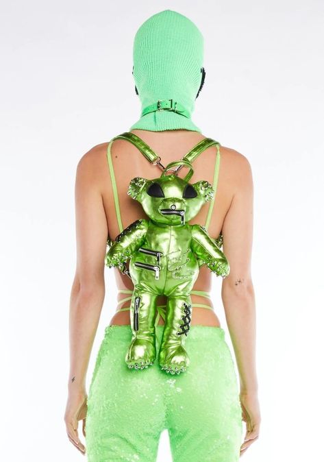 Teddy Backpack, Alien Eyes, Teddy Bear Backpack, Bear Backpack, Holographic Bag, Alien Costume, Green Construction, Green Bear, Plush Backpack