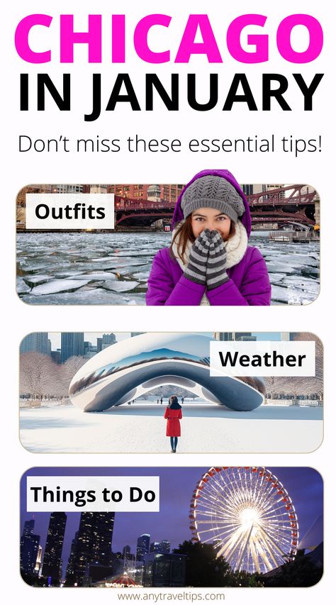 Visiting Chicago in January? Learn how to dress for the cold winter weather and find the best things to do: Weather insights, outfit tips (what to wear), activity guide. Don't let Chicago's January chill catch you off guard - read these essential tips from a local now! Winter Chicago Outfit Cold Weather, Chicago In January Outfit, How To Dress In Chicago Winter, Chicago Weekend Trip Outfits Winter, What To Do In Chicago In Winter, What To Wear In Chicago In April, Chicago Winter Outfits Cold Weather, Chicago Outfit Winter, Chicago In February