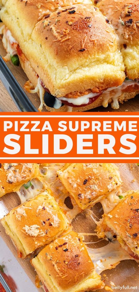 Yummy Sliders, Sliders For A Crowd, Pizza Supreme, Pizza Calzones, Sliders Recipes Hawaiian Rolls, Recipes Dips, Pizza Sliders, Appetizer Dinner, Slider Recipe