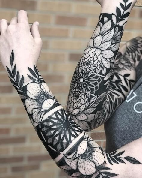 floral-both-arms-brick-wall-quarter-sleeve-tattoo-grey-top Flower Drawings For Tattoos, Tattoos With A Lot Of Black, Forearm Tattoo Women Inner Coverup, Ornamental Arm Tattoo, Black Flowers Tattoo, Black And White Tattoos, Dragons Tattoo, Quarter Sleeve Tattoos, Tattoo Placements