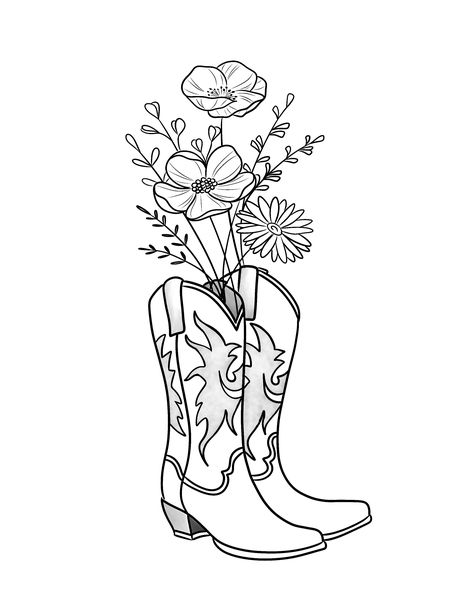 Western Inspired Sleeve Tattoos, Cowgirl Boots With Flowers Drawing, Line Art Flower Tattoo Arm, Cowgirl Hand Tattoo, Flower Cowboy Boots Tattoo, Cowboy Boot Tattoo Design, Fineline Cowboy Boot Tattoo, Flowers In Cowboy Boot Tattoo, Easy Flower Tattoos Simple