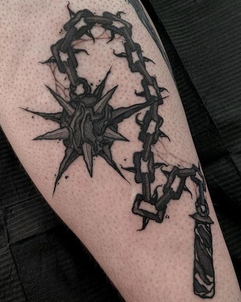 Whiskey Barrel Tattoo Parlour on Instagram: "Dark illustrative mace, made by our artist @inked_snowflake currently taking bookings DM or email for appointments #mace #macetattoo #flailtattoo #weapontattoo #legtattoo #darktattoo #darkart #darkartists #illustrative #illustrativetattoo #blacktattoo #blackandgreytattoo #melbournetattoo #yarravilletattoo #footscraytattoo #femaleartist" Witch King Flail Tattoo, Mace Tattoo Blackwork, Mace And Chain Tattoo Design, Chain Mace Tattoo, Flail Tattoo Blackwork, Mace Tattoo Traditional, Mace Tattoo Design, Medevil Tattoo Designs, Bone Tattoo Design