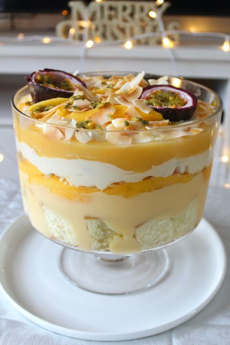 Lemon, Mango & Passionfruit Trifle – Bakerholics Anonymous Cake Trifle, Trifle Bowl Recipes, Trifle Dessert Recipes, Rotten Teeth, Perfect Christmas Dessert, Fruit Trifle, Mango Passionfruit, Trifle Bowl, Trifle Desserts