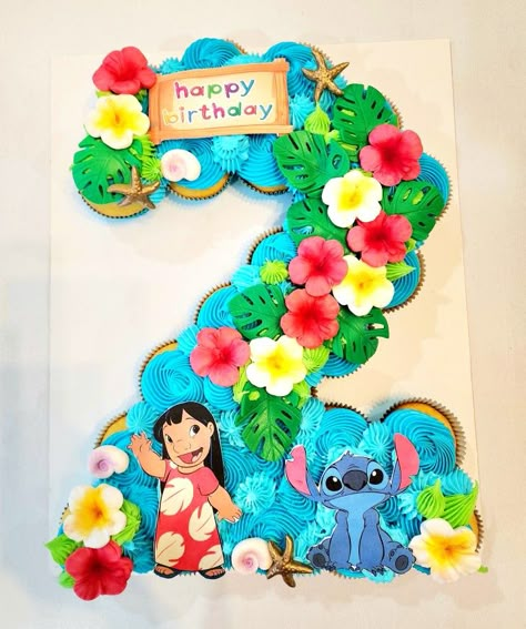 Lilo And Stitch Cupcake Cake, Lilo And Stitch Number Cake, Stitch Pull Apart Cupcake Cake, Stitch Pull Apart Cupcakes, Lilo And Stitch Pool Birthday Party, Lilo And Stitch 2nd Birthday Party, Lilo And Stitch Cupcakes Ideas, Stitch Smash Cake, Stitch Birthday Party Ideas For Boys