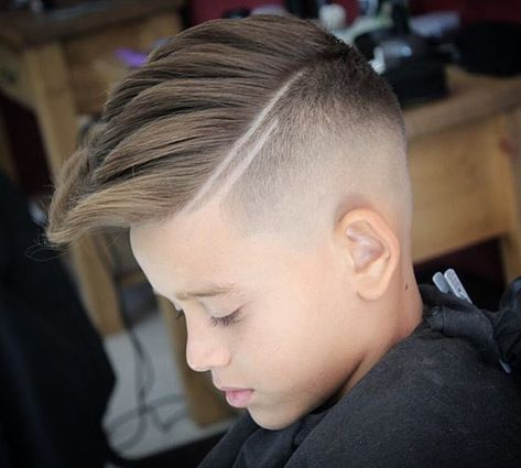 Fade Haircut Mohawk, Boys Haircut With Lines, Boys Short Haircuts Kids, Hard Part Haircut Kids, Boys Haircut Lightning Bolt, Boys Hair Cut With Lightening Bolts, Mohawk Boys, Boys Haircut With Design On Side, Little Boy Fohawk Hairstyle