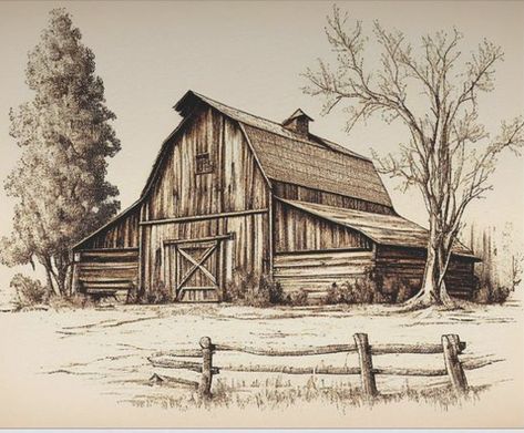 Barn Drawing Simple, Wagon Drawing, Barn Drawing, Country Logo, Sketchbook Ideas Inspiration, Hand Sketches, Harry Potter Art Drawings, Pyrography Patterns, Barn Pictures