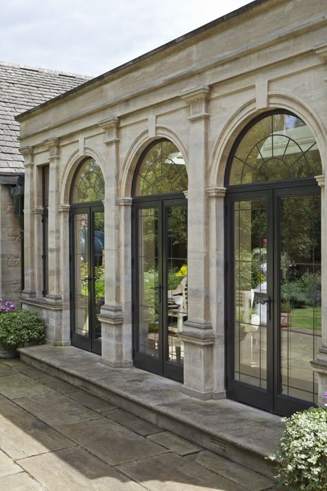 These three sets of Bronze Casement doors have been bespoke made to suit the style and shape of the building. Fan Lights, Classic House Exterior, Classic House Design, Casas Coloniales, Classic Architecture, Mediterranean Homes, Arched Windows, Classical Architecture, Dream House Exterior