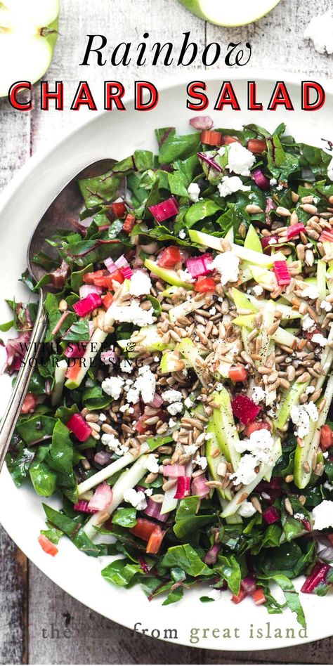 chard salad in a bowl Rainbow Chard Salad, Swiss Chard Salad Recipes, Chard Salad Recipes, Red Chard Recipes, Chard Salad, Swiss Chard Salad, Swiss Chard Recipes Easy, Rainbow Chard Recipes, Easy Chopped Salad