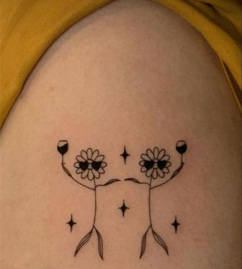 Sunflower Tattoo Matching, Matching Tattoos Wine, Dancing Flowers Tattoo, Dancing Couple Tattoo, Matching Sunflower Tattoos, Dancing Flower Tattoo, Wine Tattoo Ideas, Matching Tattoos With Mom, Tattoos With Mom