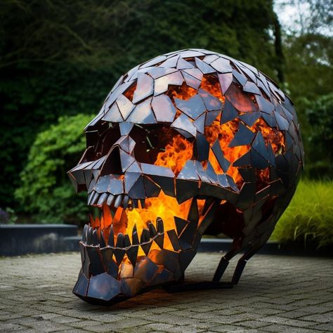 Skull Fire Pit, Skull House, Skull Furniture, Black Skulls Wallpaper, Gothic Decor Bedroom, Outside Fire Pits, Harley Davidson Artwork, Fantasy Furniture, Chest Tattoos For Women