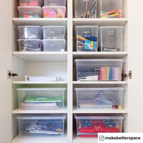 Toy Closet Organization, Toy Closet, Organized Spaces, Linen Closet Storage, Closet Storage Bins, Garage Organisation, Stationary Organization, Clear Storage, Kids Art Supplies