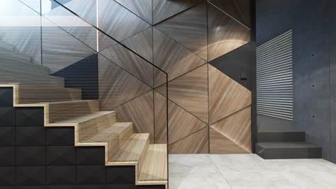 Florentyna Paszko-Karczewska on Behance Staircase Wall Design, Tv Fal, Staircase Wall Decor, Feature Wall Design, Stair Wall, Staircase Wall, Wood Cladding, Interior Stairs, Modern Staircase