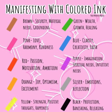 Manifestation Colors Meaning, When To Manifest, Manifesting Colors, Manifestation Pen Colors Meaning, Color Magick Witchcraft, Manifestation Colors, Colors For Manifesting, Colors For Manifestation, Manifesting With Colored Ink